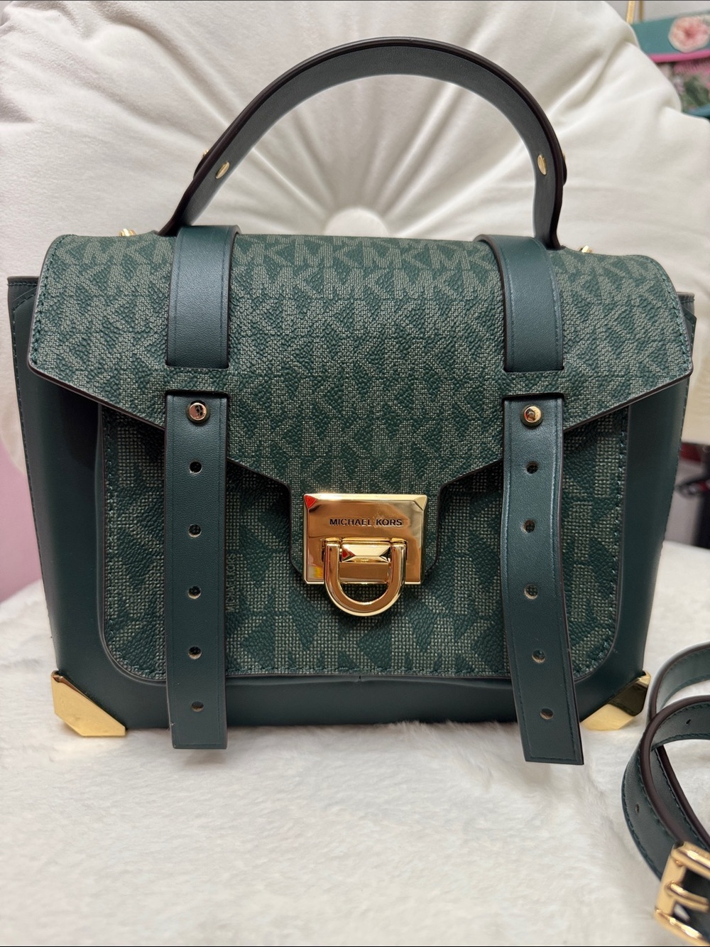 Michael Kors Forest Green Monogram Satchel with Gold Hardware - Picture 1 of 10